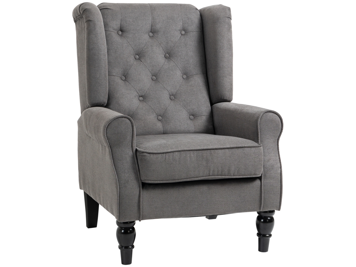 Sillón Vintage Respaldo Alto Tapizado Botones Patas Madera Gris Negro