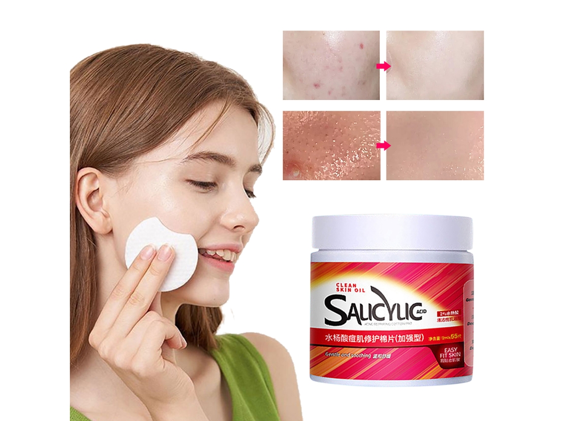 Discos de algodón con ácido salicílico para la limpieza facial, previenen los brotes de acné y minimizan los poros.
