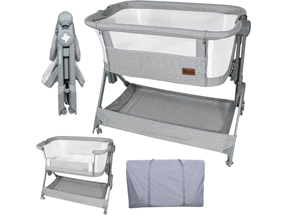Twinly - Cuna Colecho bebé Minicuna Viaje portátil, fácil Plegado Compacto Altura Ajustable 5 Posiciones, Nacimiento 0 hasta 6 Meses Comfortly – Bolsa Transporte, colchón, Cesta, sin Montaje (GRIS)