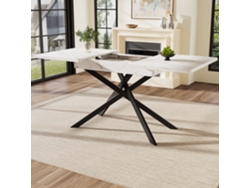 Mesa De Comedor Extensible (120-160 Cm), Patas De Forja Negra En Forma De Cruz, Tapa De Mármol Blanco.