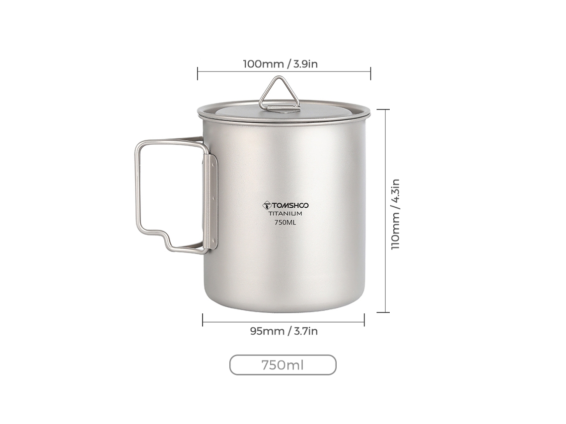 Vaso De Agua Tomshoo De Titanio De 750 Ml, Ligero, Portátil, Con Tapa Y Asa Plegable Para Acampada Y Senderismo.