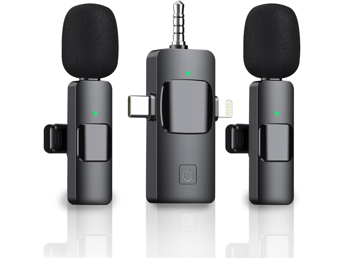 Micrófono Lavalier Inalámbrico 3 en 1 para iOS Android Ligero Cancelación de Ruido para Grabación de Audio Negro BISBISOUS