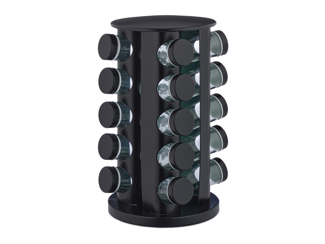 Relaxdays Especiero Giratorio Con 20 Botes, Con Dosificadores, Rotatorio, Soporte Especias Reutilizable De Cocina, Negro