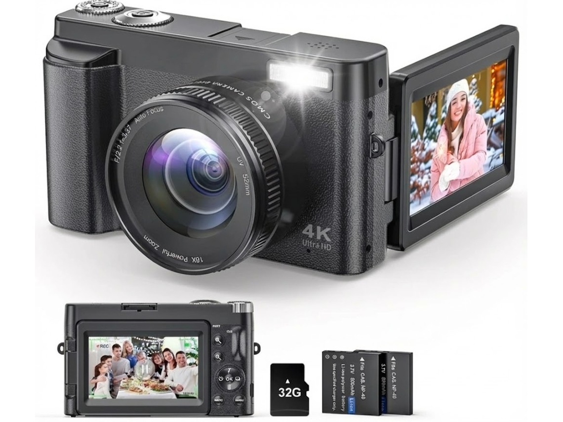 Cámara digital 4K para fotografía y video, cámara de vlog de 48 MP con enfoque automático y antivibración para YouTube Bisbisous (negra)