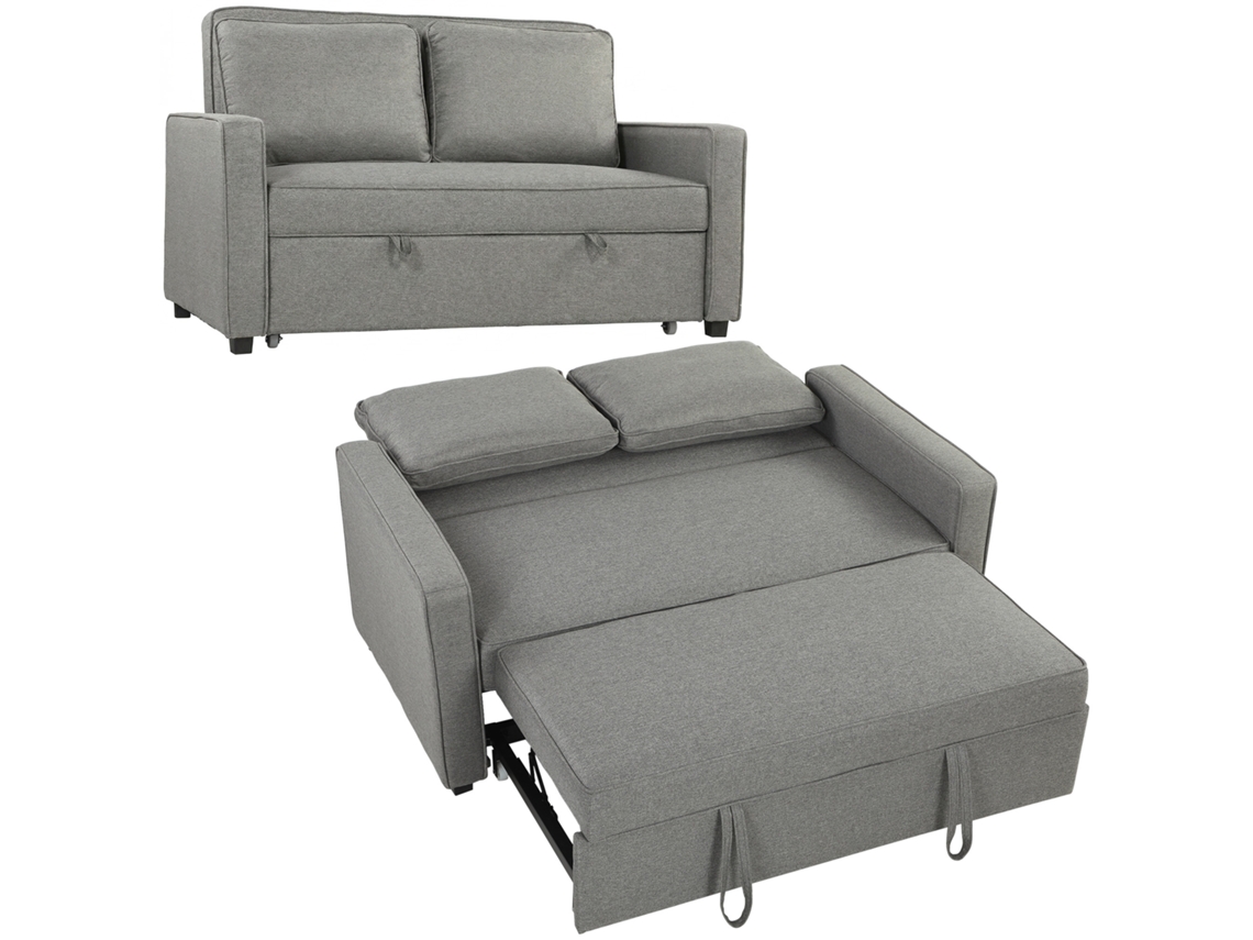 Sofá Cama 3 En 1 De 2 Plazas Con Respaldo Ajustable En 3 Posiciones, 2 Cojines, En Tela Gris Efecto Lino.