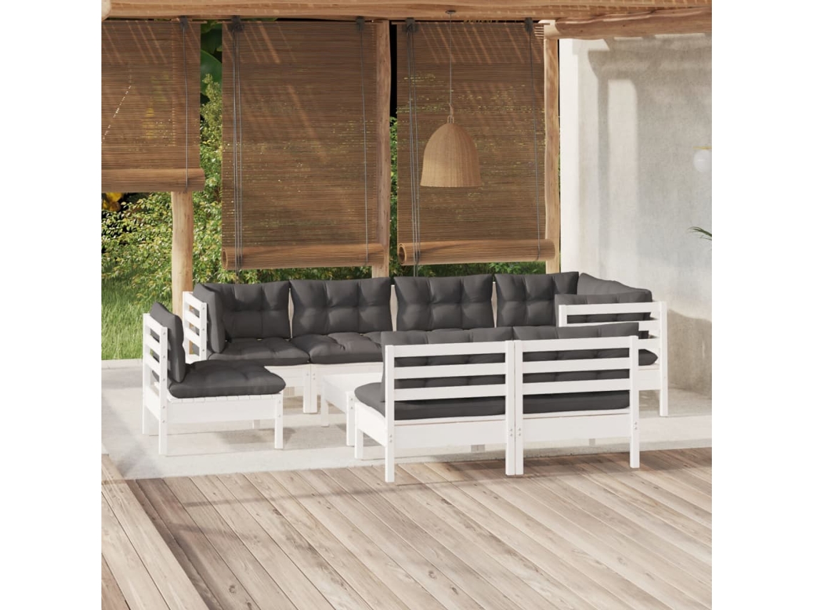 9 unidades Conjunto. Lounge De Jardim C/ Almofadões Pinho Maciço Branco Dkd Decoración Del Hogar