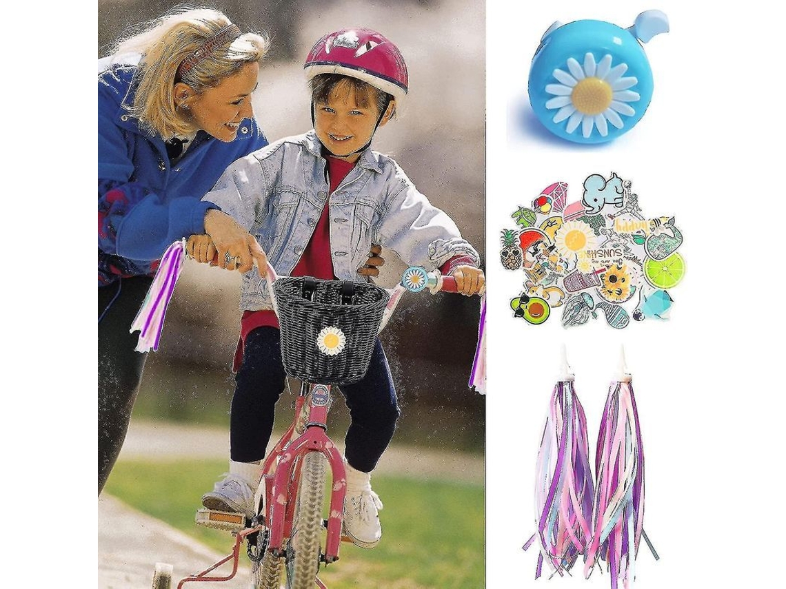 Cesta Delantera Para Bicicleta Infantil, Accesorio Para Bicicleta, Tela Plástica Con Plumas Y Timbre, Color Negro.