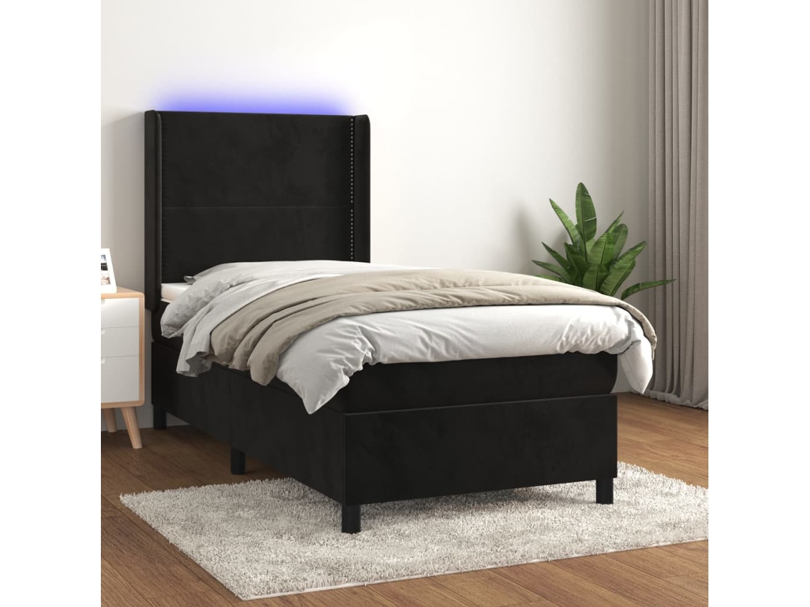 Cama Box Spring Colchón Y Led Terciopelo Negro 90x200 Cm