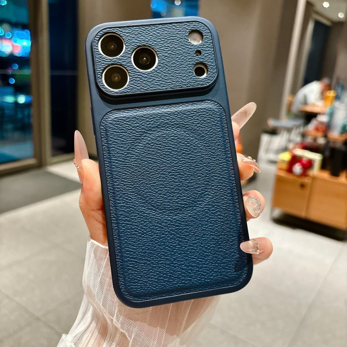 (iphone 15 Pro Azul Marino) Funda Magnética Magsafe De Cuero Mate Con Ventana Grande