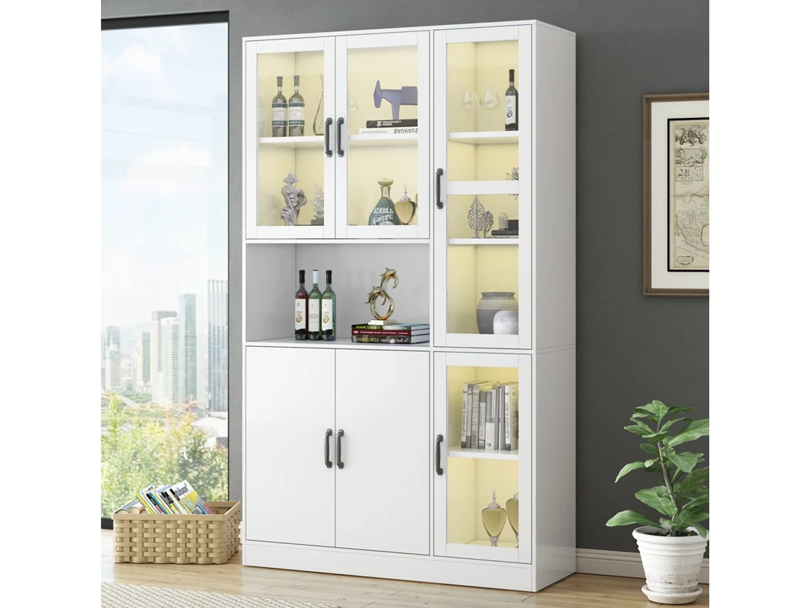 Vitrina blanca con estantes e iluminación LED, gran espacio de almacenamiento para libros, cocina o sala de estar.