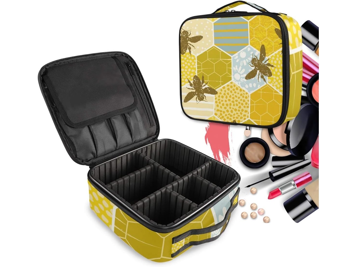 Neceser con estampado de abejas, confeccionado en tejido resistente ideal para viajes.