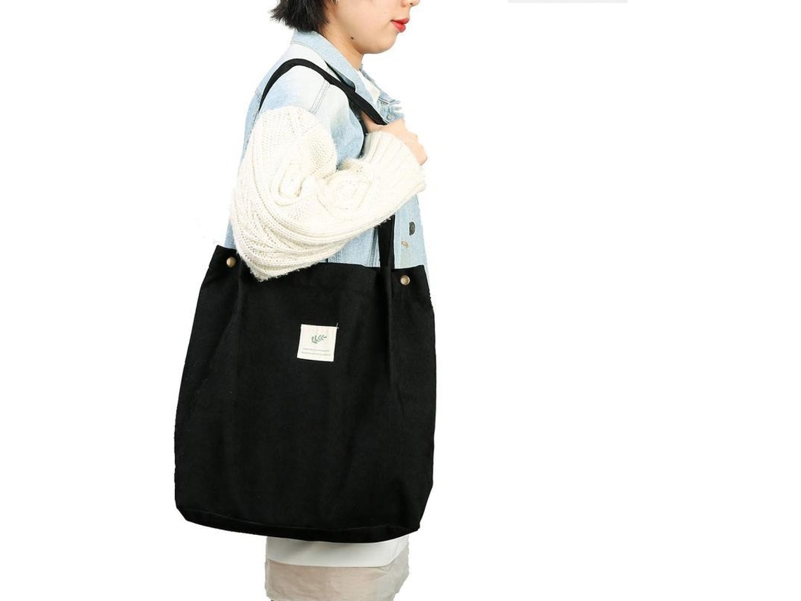 2026-bolsa De Tela Corduroy Para Mujer Niña Hombro Con Bolsillo Interno Para Trabajo Playa Almuerzo Viaje Compra Supermercado Negro