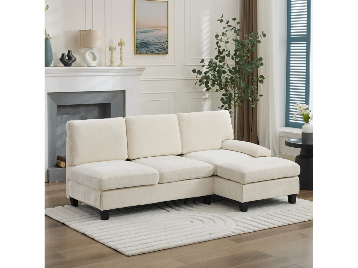Sofá 3 Plazas L Lino 194x118x81 Cama Esquinero Ocio Salón Dormitorio Beige