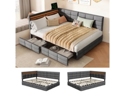 Sofá Cama En Forma De L, 140x200cm, Con Puerto De Carga Usb, Led, Estructura De Cama Con Cajones, Lino,gris, Rosa.