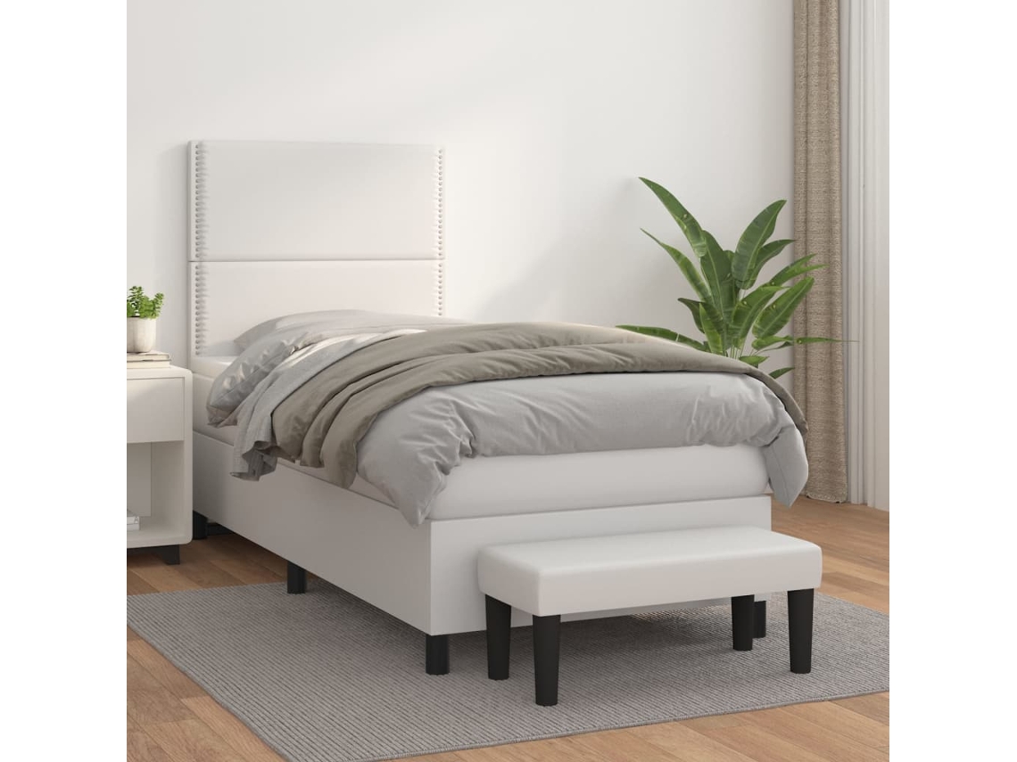 Cama Box Spring Con Colchón Cuero Sintético Blanco 100x200 Cm