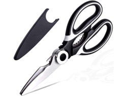 Tijeras de cocina multiusos con hojas resistentes de acero inoxidable, diseño ergonómico para un manejo cómodo, corte antideslizante con microfilo.