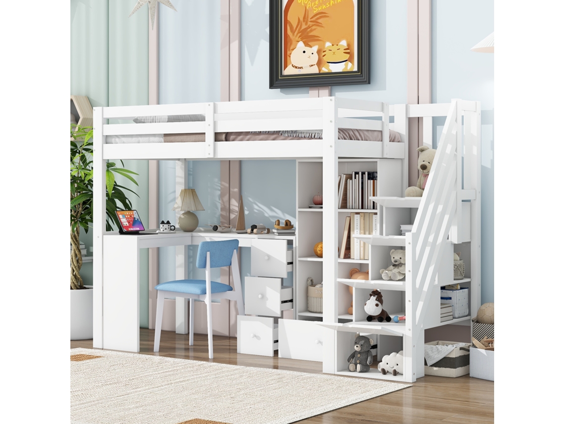 Cama Alta 90x200, Sem Colchão, Grade De Proteção, Escrivaninha, Gavetas, Armário, Escada Retrátil, Prateleiras, En747, Branca