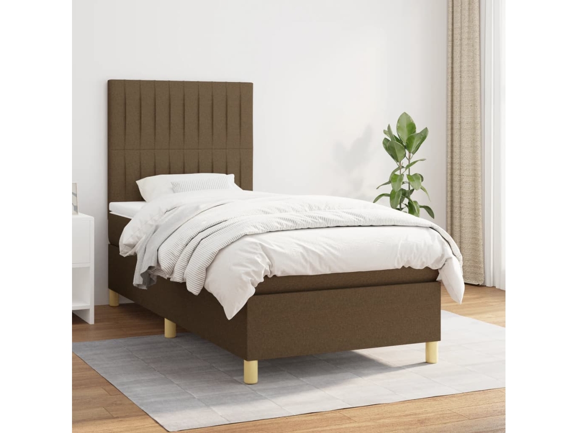 Cama Box Spring Con Colchón Tela Marrón Oscuro 90x200 Cm