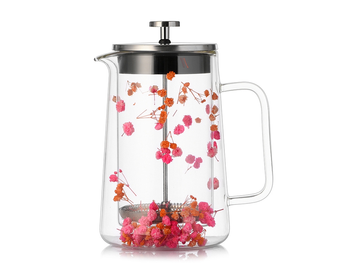 Cafetera de émbolo Chrui, 34 oz, con filtro de acero inoxidable y capa intermedia de flores secas (roja)