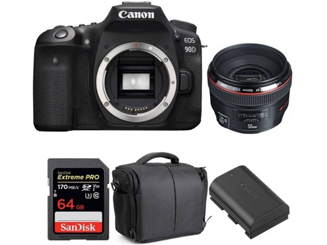 Kit Cámara Reflex CANON EOS 90D + EF 50mm f/1.2L USM + SanDisk 64 GB + Batería + Bolsa (APS-C)