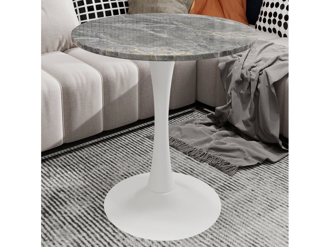 Mesa De Centro 70 Cm - Estilo Moderno Medio Siglo, Tablero Redondo Mármol - Blanco Antiguo+gris Oscuro