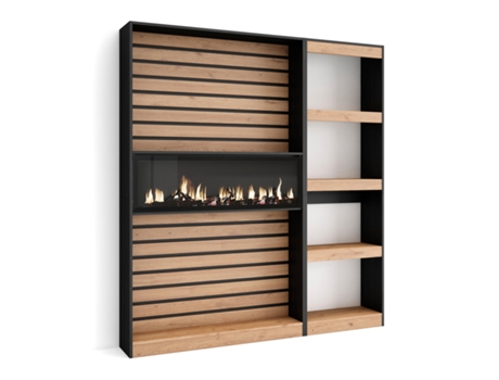 Librería estantería, 170x186x25cm, Salón - Comedor - Oficina, Chimenea eléctrica, Roble y negro
