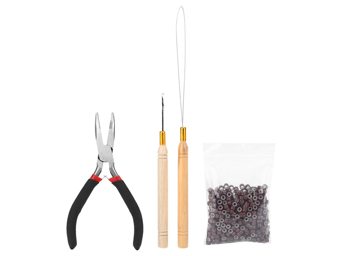 Kit De Extensiones De Pelo Con Aguja, Pinza Y 500 Anillos Micro Marrones Para Pelucas Y Accesorios