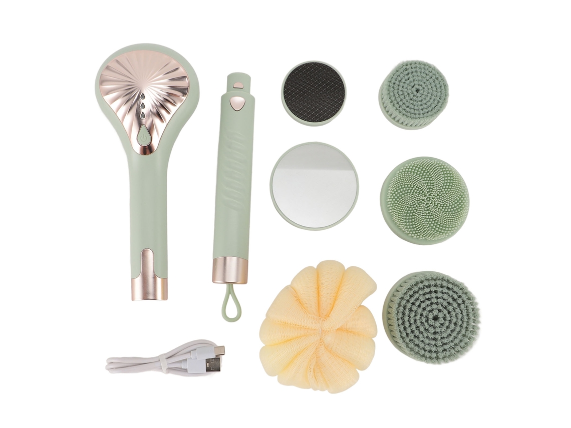 Cepillo Eléctrico Corporal Con 6 Cabezales, 3 Velocidades, Mango Desmontable, Ipx6, Recargable, Verde.