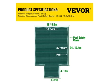 Cubierta rectangular de seguridad para piscina, 16 x 32 pies, sección de escalón verde, 4 x 8 pies, invierno al aire libre VEVOR