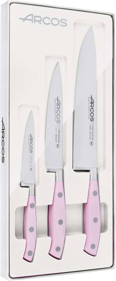 Cuchillo De Cocina arcos acero inoxidable juego 3 riviera rose piezas forjado mango pom color set la serie con hoja