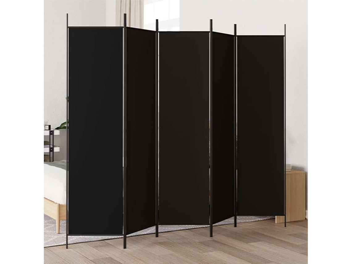Separador de ambientes con 5 paneles, 250x200 cm, tela negra.