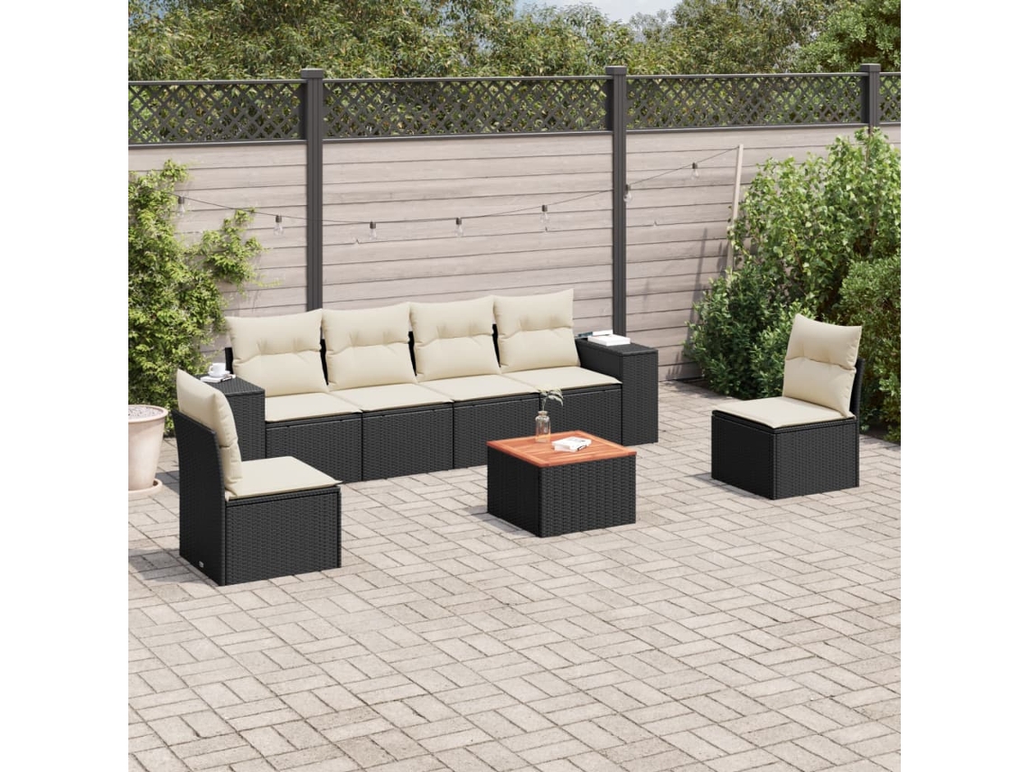 Conjunto de sofá de jardín de 7 piezas con cojines, ratán negro, Dkd Home Decor