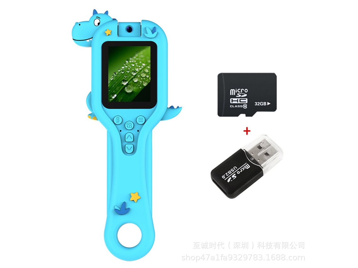 Nuevo juguete infantil con cámara microscópica digital + tarjeta de memoria de 32 GB + lector de tarjetas YUNZII (Dinosaurio Azul)