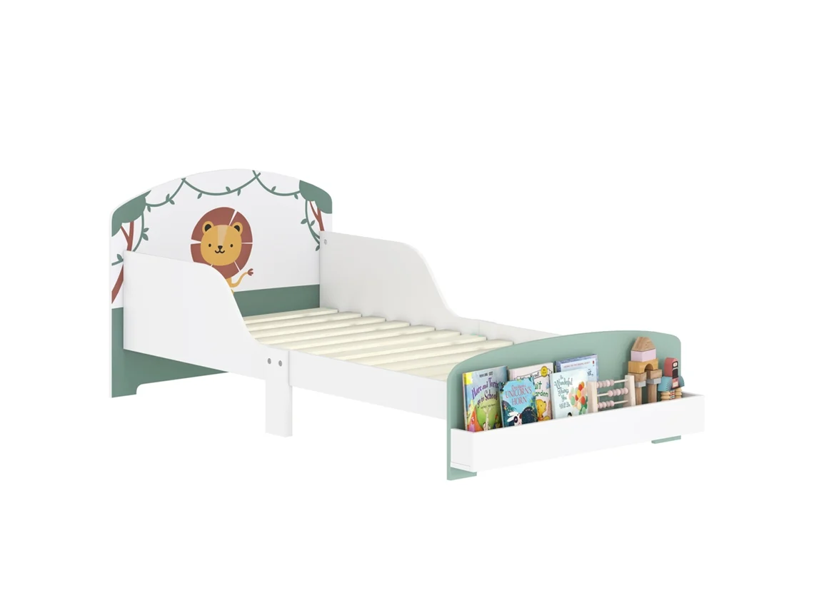 Cama Infantil De 70 X 140 Cm, Con Barandilla De Seguridad Y Somier De Láminas, Espacio De Almacenamiento, Color Verde.