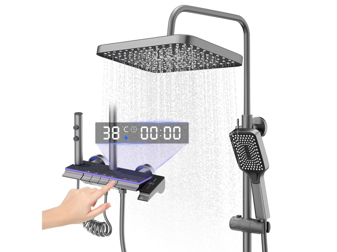 Columna De Ducha Gris En Aleación De Titanio, Cabezal Rectangular Multifunción 4 Chorros, Panel Led Efecto Cielo Estrellado, Ducha Manual Con