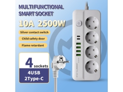 Fio De Extensão 2500w, 4 Tomadas®, 4 Usb E 2 Type‑c, 2 M, Chave De Sobrecarga (branco) Czhhmart