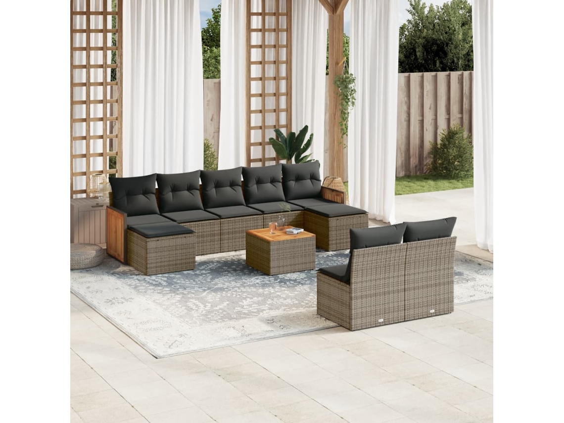 Conjunto de sofá de jardín de 10 piezas con cojines, ratán gris, DKD Home Decor