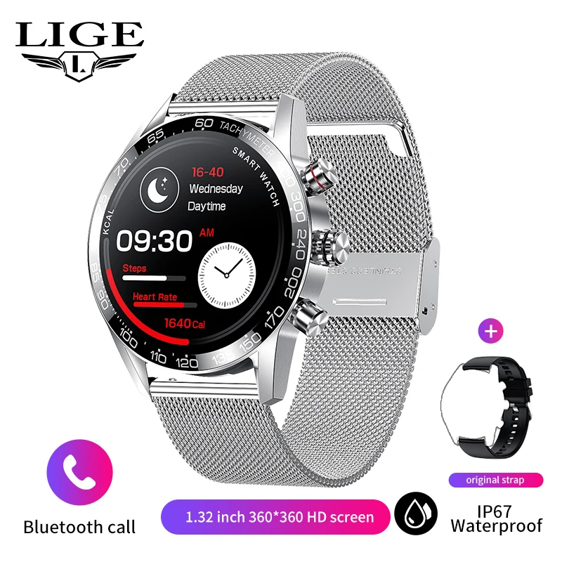 Reloj inteligente (plateado, correa de malla), pantalla HD AMOLED, compatible con llamadas Bluetooth, resistencia al agua IP67.
