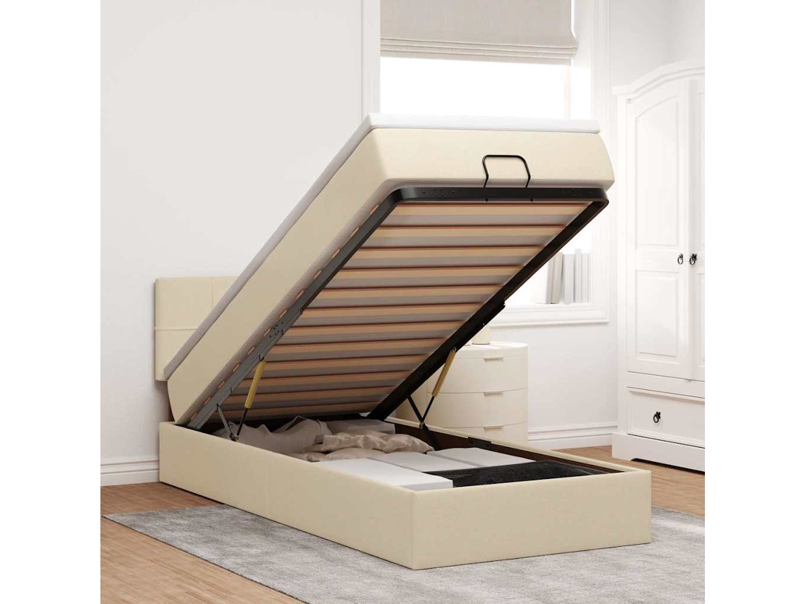Estructura De Cama Otomana Con Colchón Tela Crema 90x190cm