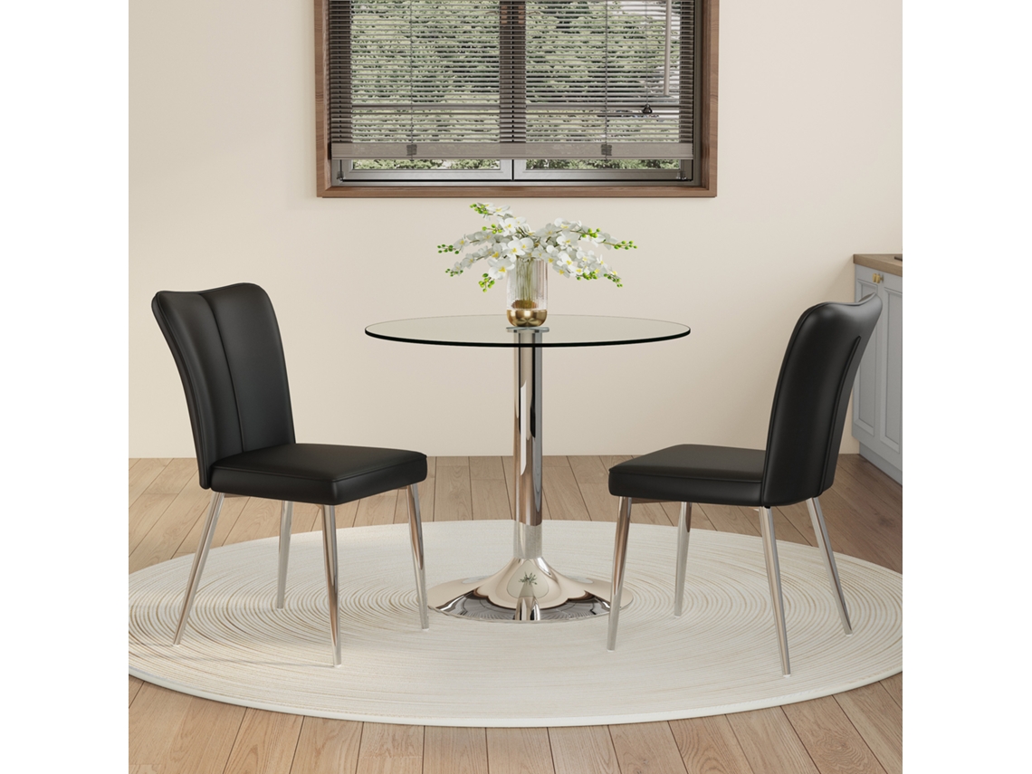 Conjunto De Mesa De Comedor Redonda De 85 Cm En Vidrio Templado, Con 2 Sillas En Pu Negro Y Patas De Metal Plateado, Diseño Moderno Minimalista