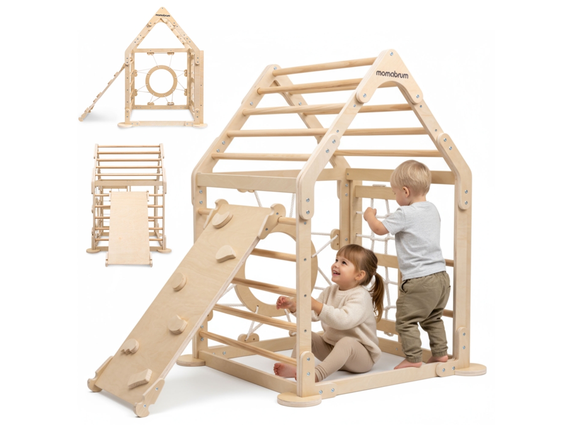 Zona De Juegos Interior De Madera Con Escalada, Red, Columpio Y Anillas Para Niños