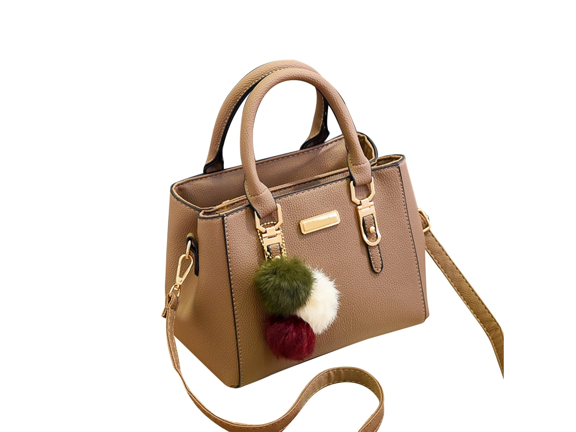 Bolso De Mano De Mujer De Pu Con Textura De Lichi Y Colgante De Pompón, Bolso De Hombro Caqui De Gran Capacidad.
