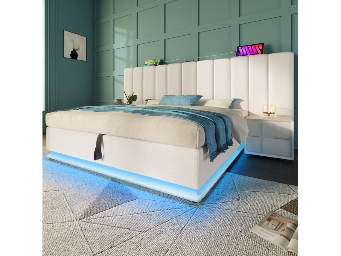 Cama Tapizada 160x200 - Cama Con Almacenamiento, Control Por App, Led Y Usb-c - Blanco