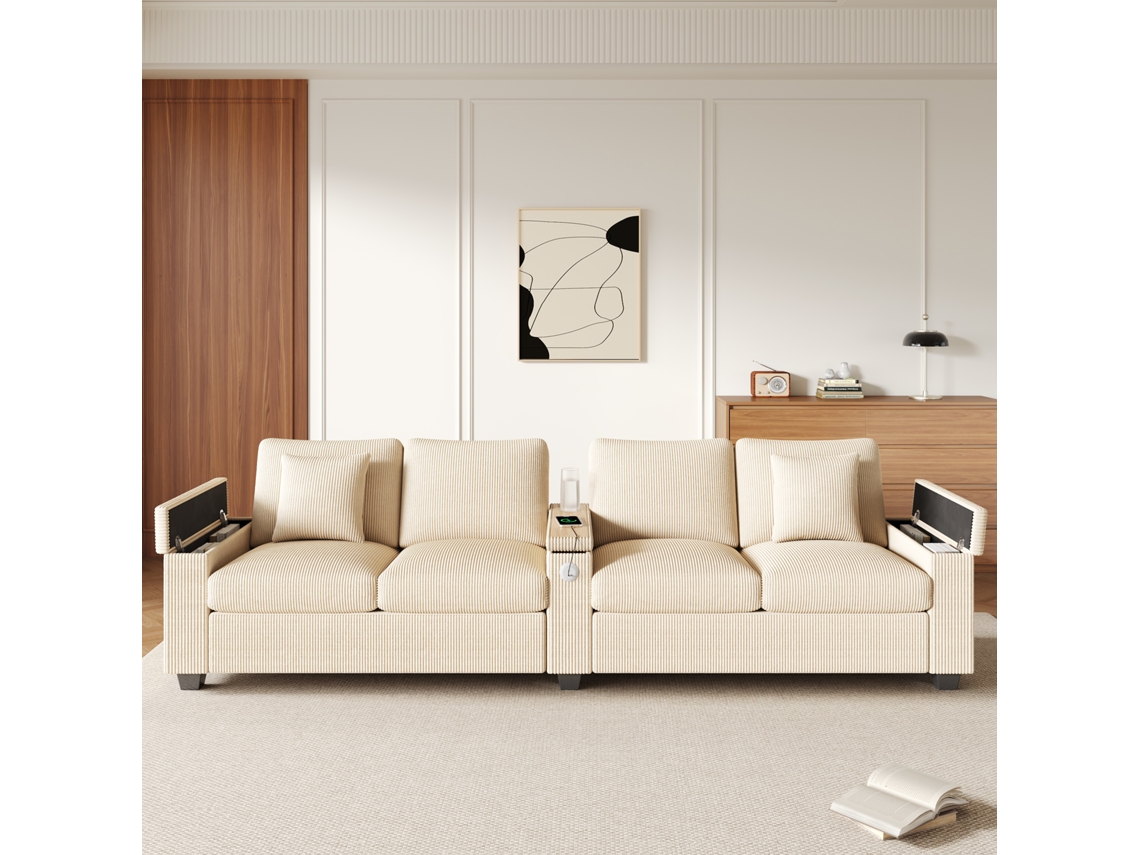 Sofá Consul de 4 plazas de terciopelo, reposabrazos central plegable, puertos USB y USB-C, espacio de almacenamiento, 2 cojines, color beige.