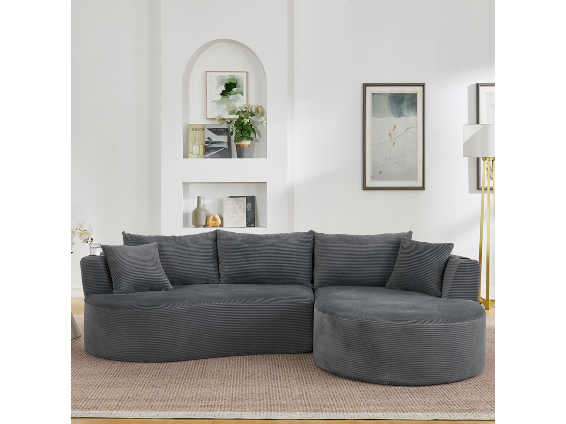 Sofá de 3 plazas con chaise longue a la derecha, terciopelo acanalado, portavasos, cojines incluidos, envasado al vacío, color gris.