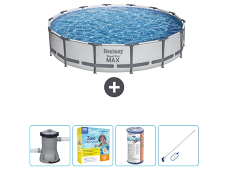 Piscina BESTWAY Round Steel Pro MAX - 427 x 84 cm - Gris - Bomba incluida Paquete de mantenimiento - Filtrar - kit de limpieza