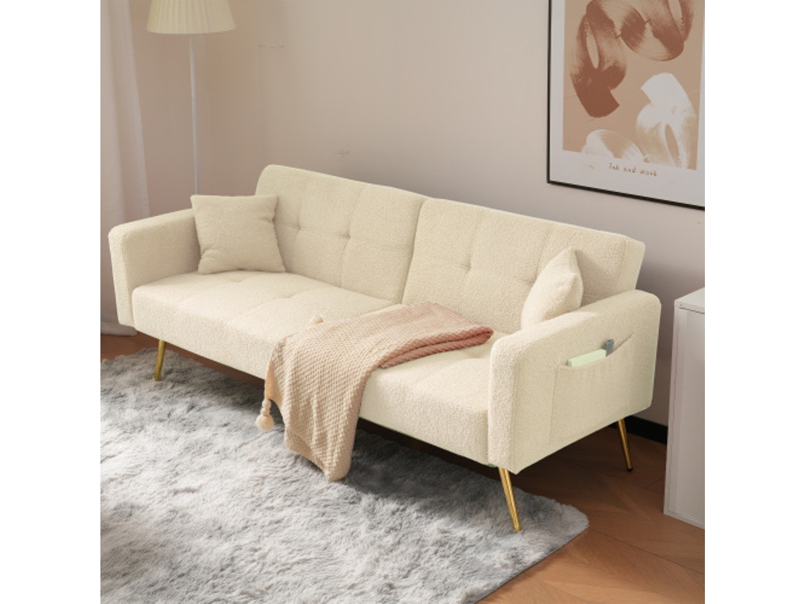 Sofá cama con ángulo ajustable, patas doradas, cojines y bolsillos laterales para almacenamiento.