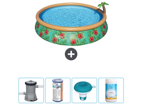 Piscina Hinchable Redonda Fast Set BESTWAY - Estampado Paraíso - 457 x 84 cm - Bomba Incluida Filtrar - flotador de cloro - Cloro