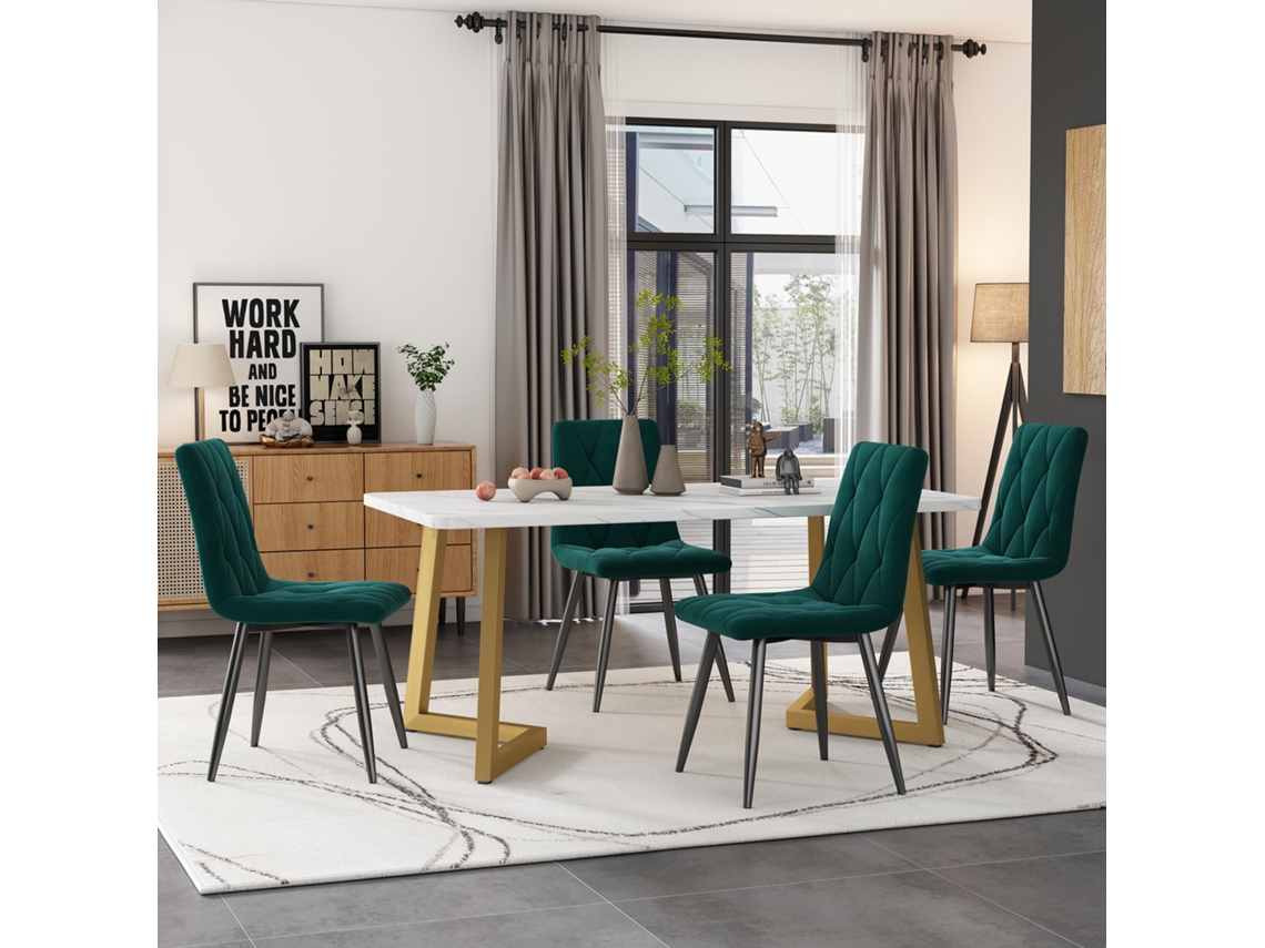Mesa de 117 cm, 4 sillas, terciopelo verde oscuro con detalles dorados.