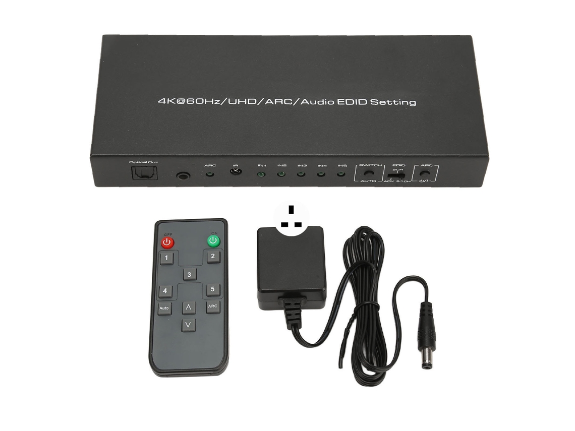 Caja Conmutadora Extractora De Sonido Hdmi Hdr De 5 Puertos Y 18 Gbps Con Control Remoto, Arc Y Enchufe Británico De 100-240 V.